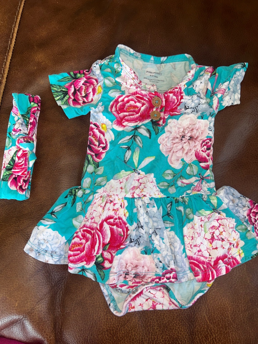Posh Peanut 6-12 Floral Ruffle Baby Dress Bodysuit in Teal with Pink Roses